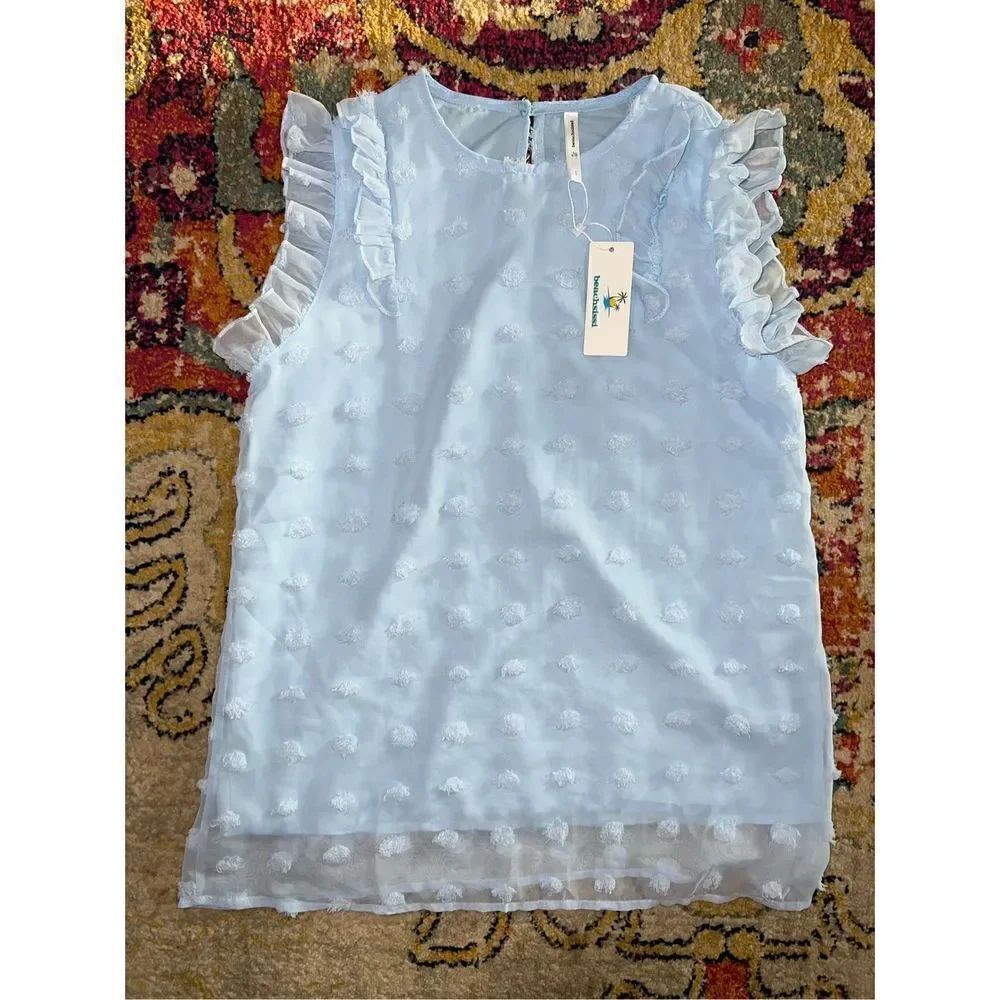 Ruffle Shoulder Blue Tops (S) - Picture 2 of 4